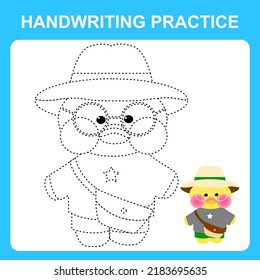 Handwriting practice. Trace the lines and color the Lalafanfan duck wearing a hat. Educational kids game, coloring book sheet, printable worksheet. Vector illustration