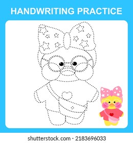 Handwriting practice. Trace the lines and color the Lalafanfan duck with a bow. Educational kids game, coloring book sheet, printable worksheet. Vector illustration