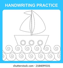 Handwriting practice. Trace the lines and color the ship and waves. Educational kids game, coloring book sheet, printable worksheet. Vector illustration