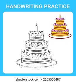 Handwriting Practice. Trace The Lines And Color The Cake. Educational Kids Game, Coloring Book Sheet, Printable Worksheet. Vector Illustration