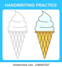 Handwriting practice. Trace the lines and color the ice cream. Educational kids game, coloring book sheet, printable worksheet. Vector illustration