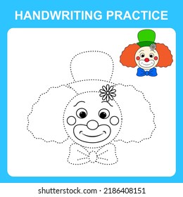 Handschriftübungen. Tragen Sie die Linien auf und färben Sie den Clown. Erzieherisches Kinderspiel, farbiges Buchblatt, druckbares Arbeitsblatt. Vektorgrafik