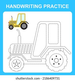 Handwriting practice. Trace the lines and color the tractor. Educational kids game, coloring book sheet, printable worksheet. Vector illustration