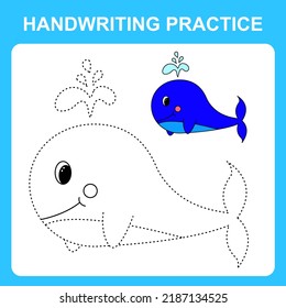 Práctica de escritura a mano. Rastrear las líneas y colorear la ballena. Juego de niños educacionales, hoja de libro de coloreado, hoja de cálculo imprimible. Ilustración del vector