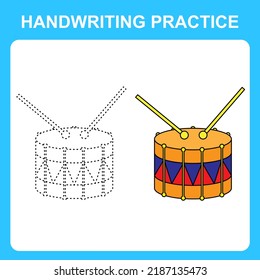 Handwriting practice. Trace the lines and color the drum. Educational kids game, coloring book sheet, printable worksheet. Vector illustration