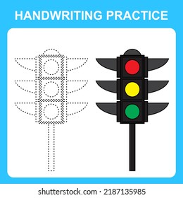 Handwriting practice. Trace the lines and color the traffic light. Educational kids game, coloring book sheet, printable worksheet. Vector illustration