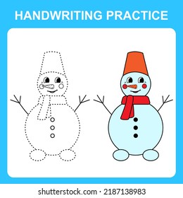 Handwriting practice. Trace the lines and color the snowman. Educational kids game, coloring book sheet, printable worksheet. Vector illustration