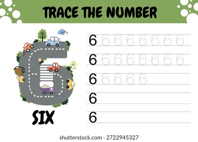 Práctica de escritura.  Rastree el número 6. El número está diseñado como una carretera con coches y camiones que circulan a lo largo