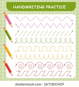 Práctica de escritura a mano, trazando la forma de la línea. Plantilla de capacitación de enseñanza de escritura a mano para niños. Juego de educación para niños. Conecta el contorno discontinuo con un lápiz de color. Hoja de trabajo de actividad de aprendizaje preescolar. Vector 