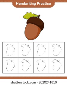 Práctica de escritura a mano. Rastreo de líneas de Acorn. Juego infantil educativo, hoja de cálculo imprimible, ilustración vectorial