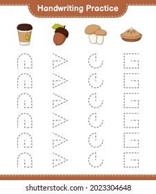 Handwriting practice. Tracing lines of Acorn, Tea Cup, Pie, and Mushroom Boletus. Educational children game, printable worksheet, vector illustration