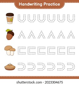 Handwriting practice. Tracing lines of Acorn, Tea Cup, Pie, and Mushroom Boletus. Educational children game, printable worksheet, vector illustration