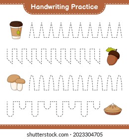 Handwriting practice. Tracing lines of Acorn, Tea Cup, Pie, and Mushroom Boletus. Educational children game, printable worksheet, vector illustration