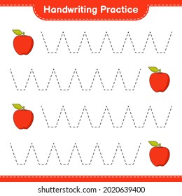Práctica de escritura a mano. Rastreo de líneas de Apple. Juego infantil educativo, hoja de cálculo imprimible, ilustración vectorial