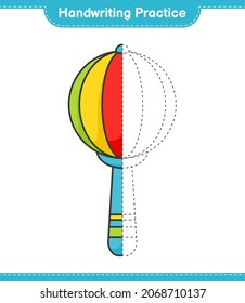 Práctica de escritura a mano. Rastreo de líneas de Baby Rattle. Juego infantil educativo, hoja de cálculo imprimible, ilustración vectorial