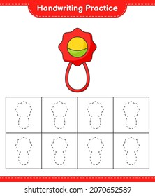 Handwriting practice. Tracing lines of Baby Rattle. Educational children game, printable worksheet, vector illustration