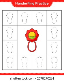 Handwriting practice. Tracing lines of Baby Rattle. Educational children game, printable worksheet, vector illustration