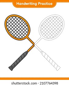 Práctica de escritura a mano. Raquetas de localización de Badminton. Juego infantil educativo, hoja de cálculo imprimible, ilustración vectorial