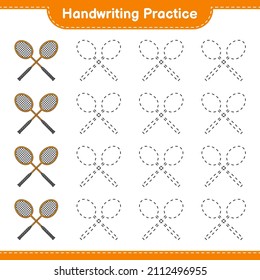 Handwriting practice. Tracing lines of Badminton Rackets. Educational children game, printable worksheet, vector illustration