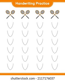 Handwriting practice. Tracing lines of Badminton Rackets. Educational children game, printable worksheet, vector illustration