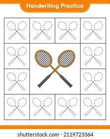 Handwriting practice. Tracing lines of Badminton Rackets. Educational children game, printable worksheet, vector illustration