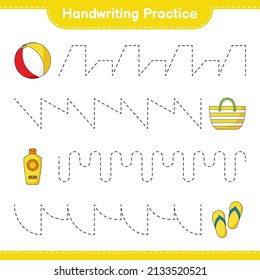 Handwriting practice. Tracing lines of Ball, Sunscreen, Bad, and Slipper. Educational children game, printable worksheet, vector illustration