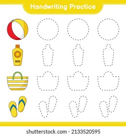 Handwriting practice. Tracing lines of Ball, Sunscreen, Bad, and Slipper. Educational children game, printable worksheet, vector illustration