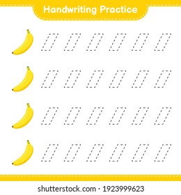 Handschriftübungen. Rennstrecken in Banana. Kinderspiel, druckbares Arbeitsblatt, Vektorgrafik