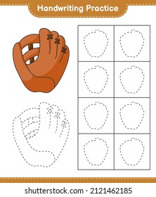 Práctica de escritura a mano. Rastreo de lineas de guantes de béisbol. Juego infantil educativo, hoja de cálculo imprimible, ilustración vectorial
