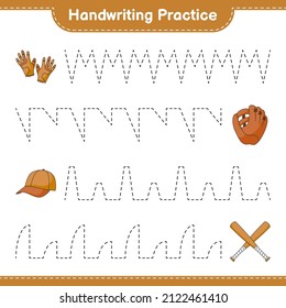 Handwriting practice. Tracing lines of Baseball Glove, Golf Gloves, Cap Hat, and Baseball Bat. Educational children game, printable worksheet, vector illustration