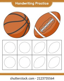 Handwriting practice. Tracing lines of Basketball and Rugby Ball. Educational children game, printable worksheet, vector illustration