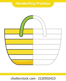 Práctica de escritura a mano. Rastreo de las líneas de la bolsa de playa. Juego infantil educativo, hoja de cálculo imprimible, ilustración vectorial