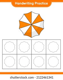 Práctica de escritura a mano. Recorriendo líneas de Beach Umbrella. Juego infantil educativo, hoja de cálculo imprimible, ilustración vectorial