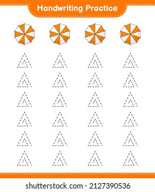 Handschriftübungen. Trainingslinien des Beach Umbrella. Kinderspiel, druckbares Arbeitsblatt, Vektorgrafik