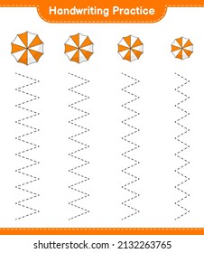 Práctica de escritura a mano. Recorriendo líneas de Beach Umbrella. Juego infantil educativo, hoja de cálculo imprimible, ilustración vectorial