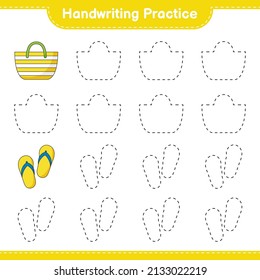 Handwriting practice. Tracing lines of Beach Bag and Flip Flop. Educational children game, printable worksheet, vector illustration