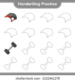Handwriting practice. Tracing lines of Bicycle Helmet and Dumbbell. Educational children game, printable worksheet, vector illustration