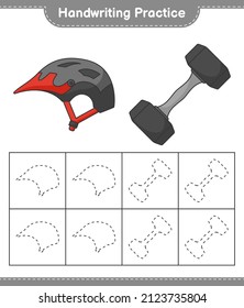 Handwriting practice. Tracing lines of Bicycle Helmet and Dumbbell. Educational children game, printable worksheet, vector illustration