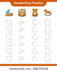 Handwriting Practice. Tracing Lines Of Boat, Drum, Teddy Bear, And Rocking Horse. Educational Children Game