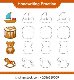 Handschriftübungen. Tracing Linien von Boat, Drum, Teddy Bär und Rocking Horse. Kinderspiel für Bildung