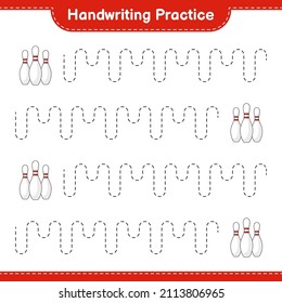 Práctica de escritura a mano. Rastreo de líneas de Bowling Pin. Juego infantil educativo, hoja de cálculo imprimible, ilustración vectorial