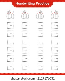 Práctica de escritura a mano. Rastreo de líneas de Bowling Pin. Juego infantil educativo, hoja de cálculo imprimible, ilustración vectorial