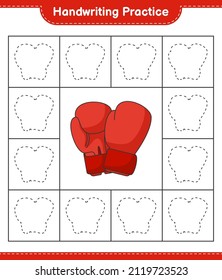 Práctica de escritura a mano. Rastreo de guantes de boxeo. Juego infantil educativo, hoja de cálculo imprimible, ilustración vectorial