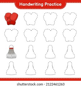 Handwriting practice. Tracing lines of Boxing Gloves and Shuttlecock. Educational children game, printable worksheet, vector illustration