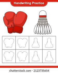 Handschriftübungen. Trainingslinien von Boxhandschuhen und Shuttlecock. Kinderspiel, druckbares Arbeitsblatt, Vektorgrafik