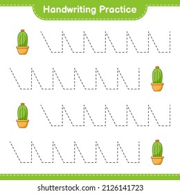 Handwriting practice. Tracing lines of Cactus. Educational children game, printable worksheet, vector illustration