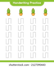 Handwriting practice. Tracing lines of Cactus. Educational children game, printable worksheet, vector illustration