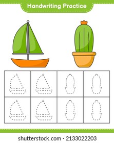 Práctica de escritura a mano. Líneas de seguimiento de Cactus y Sailboat. Juego infantil educativo, hoja de cálculo imprimible, ilustración vectorial