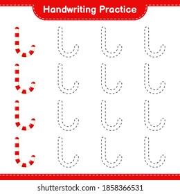 Handwriting practice. Tracing lines of Candy Canes. Educational children game, printable worksheet, vector illustration