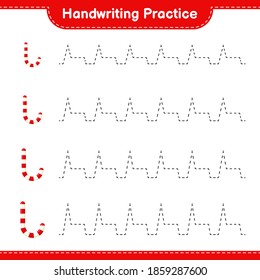 Handwriting practice. Tracing lines of Candy Canes. Educational children game, printable worksheet, vector illustration
